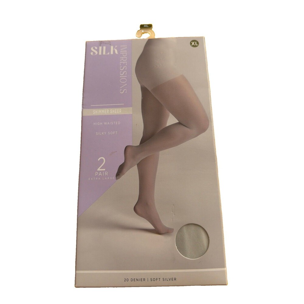 Silk Impressions Shimmer Sheer Pantyhose 2 Pair 20 Denier Soft Silver XL